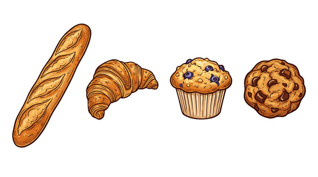 vector hand drawn bakery breakfast pastries set with baguette croissant blueberry muffin and chocolate chip cookie
