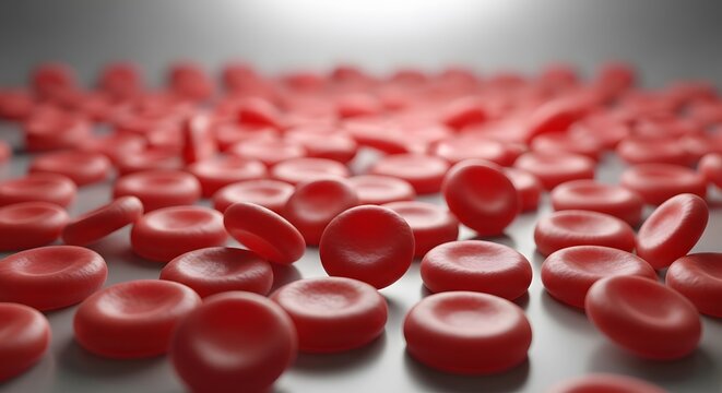 A detailed close-up view of numerous red blood cells, also known as erythrocytes, scattered across a surface, illustrating their characteristic biconcave disc shape.