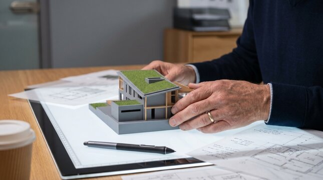 Arquitecto senior manipulando maqueta 3D sobre un escritorio