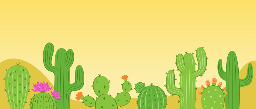 Horizontal banner with various green blooming cacti on yellow desert sand background. Panorama of saguaro, prickly pear and barrel cactus with pink and orange flowers and copy space.