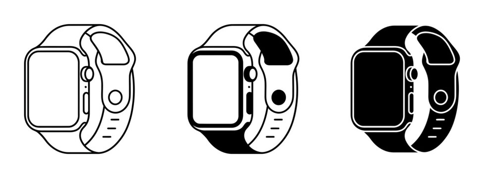 Three smart watch silhouette icons set, solid black style, modern wearable technology devices for digital communication.