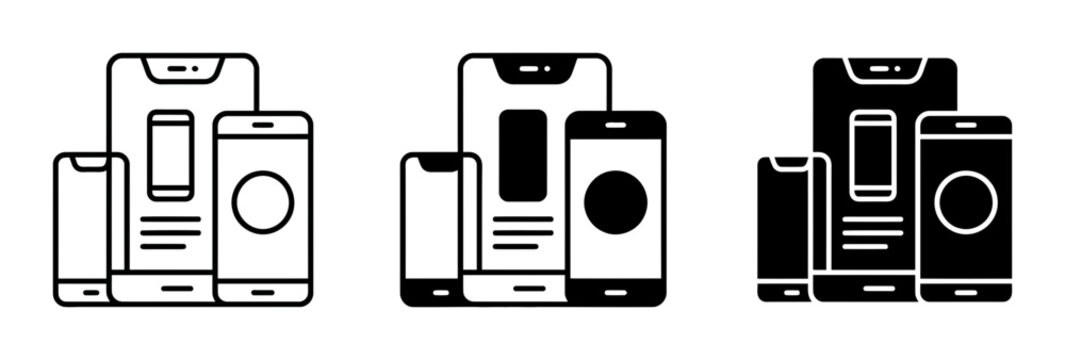 3 mobile device silhouette icons set, solid black style, responsive web design technology