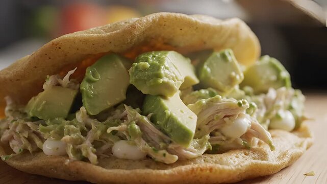 Delicious Arepa with Shredded Chicken and Avocado Filling Closeup.