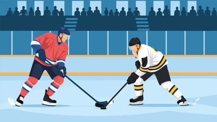 Obraz premium Two ice hockey players in action on the rink during a competitive match, showcasing athletic skill and sporting energy