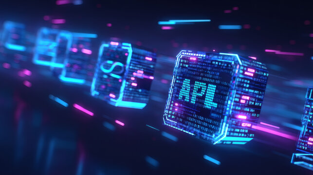 photography of a digital interface showing a successful API handshake between two code blocks. Glowing geometric shapes and lines of luminous text float in a dark void. The light from the connection 