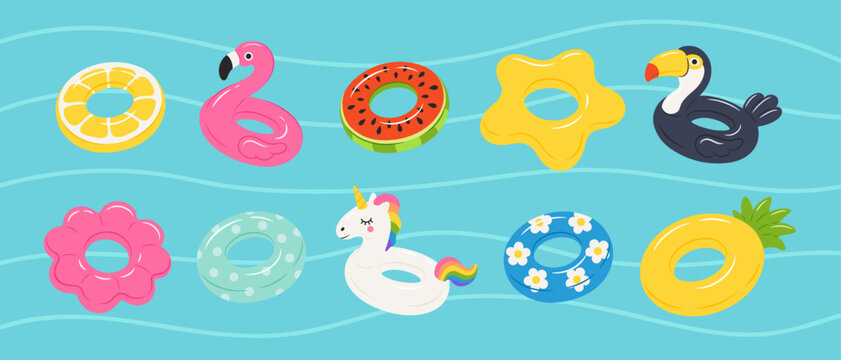Summer pool floats collection featuring various shapes on blue wavy water surface. Set of inflatable swimming rings like pink flamingo, white unicorn, tropical fruits and colorful geometric lifebuoys.
