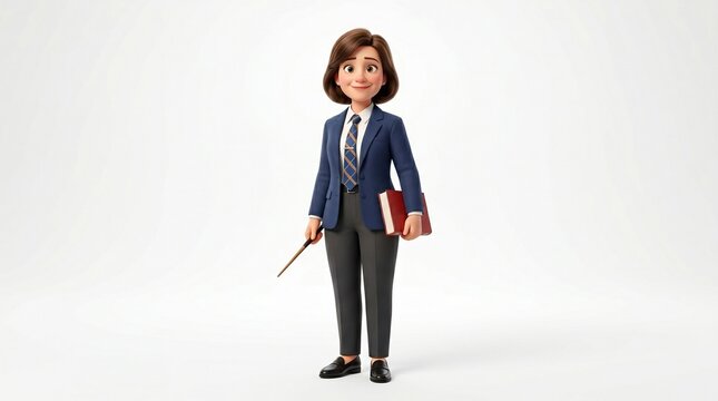 Cartoon woman in business attire holding a book and pointer stick isolated on white background