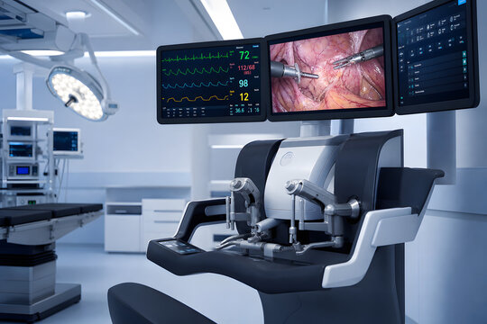 Robotic surgery console with monitors in modern operating room