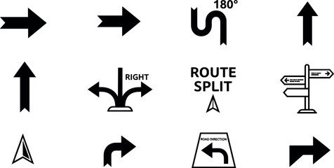 Direction and navigation arrow icon set with route split turn right left u turn and road sign symbols solid vector illustration © MstAduri