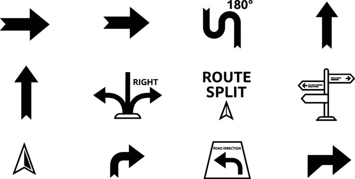Direction and navigation arrow icon set with route split turn right left u turn and road sign symbols solid vector illustration