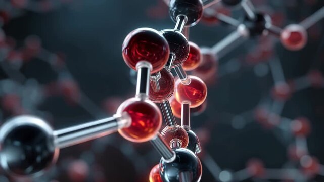 4K Ultra HD Abstract 3d molecular structure model with glowing red and black spheres connected by bonds, scientific visualization of chemical compounds and nanotechnology video