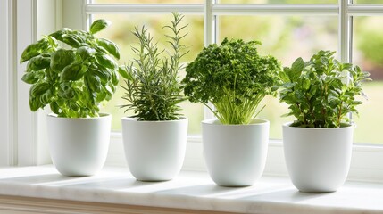 Fototapeta premium Culinary herb variety in minimalist white ceramic planters on a sun-drenched marble windowsill in a bright macro shot for healthy lifestyle marketing
