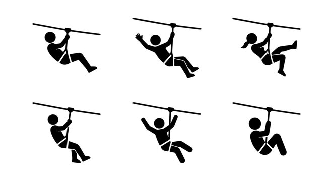 Zipline adventure icons set, 6 stick figure people ziplining, extreme outdoor sports vector