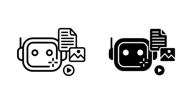 Artificial intelligence robot icon set, AI content generator symbols, digital bot vector graphics