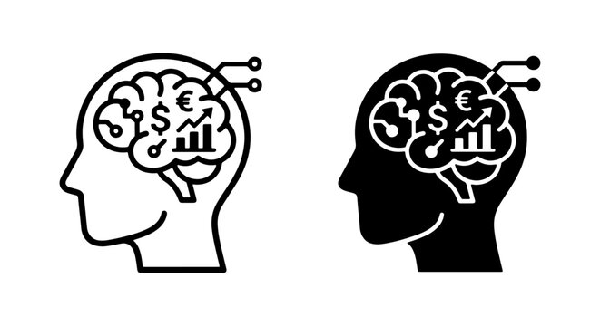 Financial intelligence icon set, human brain with money symbols, business mindset vector graphics