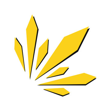 Yellow dynamic explosion burst with sharp diamond shapes isolated on transparent background. Pop art comic style flash effect with geometric shards and radial motion rays for creative design.