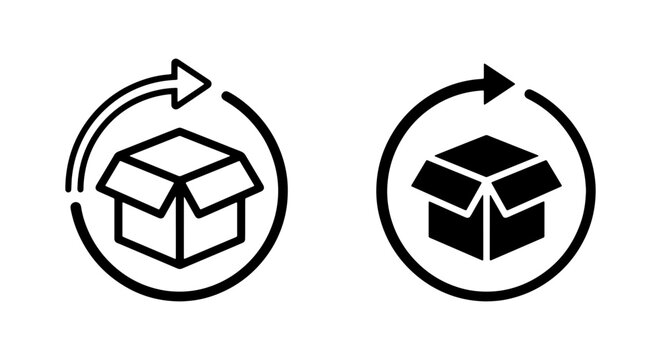 Product return icons with circular arrows, delivery box exchange symbols, shipping refund vector set