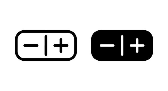 Minimalist plus and minus button icons, zoom control vector set, black and white interface symbols