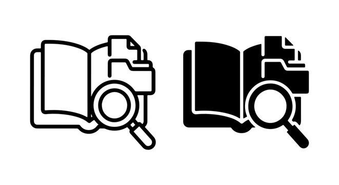 Minimalist book search icons, open catalog with magnifying glass, library research vector set