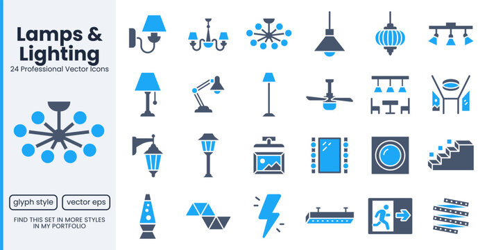 Lighting, interior lamp glyph icons set. Chandelier, ceiling fan, vanity mirror, LED strip, emergency exit flat minimal vector illustrations. Simple flat signs for home. Blue silhouette pictogram