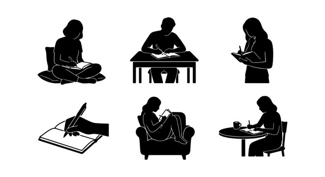 People writing in journals silhouette set, students taking notes vector, creative writing icons