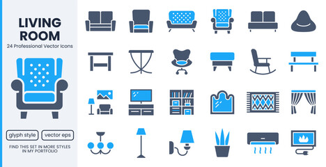 Naklejka premium Living room furniture glyph icons set. Sofa, leather armchair, fireplace, bookshelf, curtains, TV stand, rug flat minimal vector illustration. Simple flat signs for home. Blue silhouette pictogram