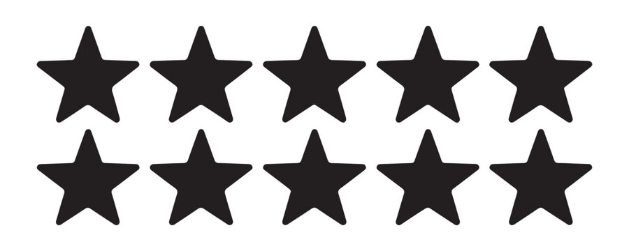 Set of five black star icons, perfect for rating systems, reviews, and quality indicators.