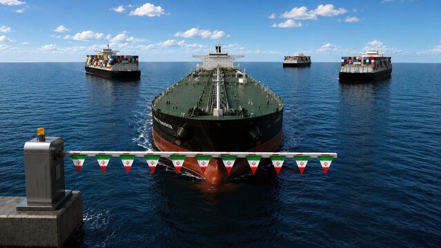 Collection of maritime tolls in the Strait of Hormuz with oil tankers and container ships in front of a barrier flying the Iranian flag, in the geopolitical concept of global trade