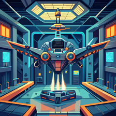 Advanced sci-fi spaceship hovering in docking bay with laboratory equipment and monitors sci fi spaceship spacecraft technology laboratory monitors equipment industrial thrusters transport © maruf