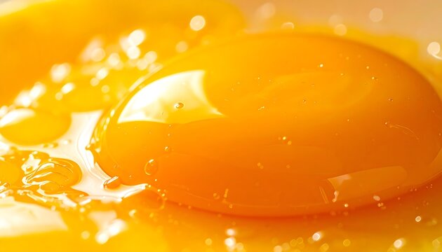 Glossy egg yolk close up with smooth liquid texture and vibrant yellow minimal background