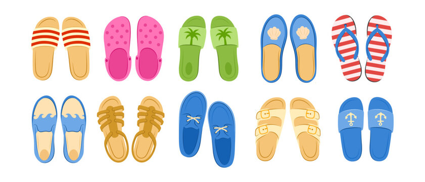 Collection of various summer footwear pairs isolated on transparent background. Set includes colorful flip flops, sandals, clogs, slippers and loafers with beach patterns and nautical symbols.
