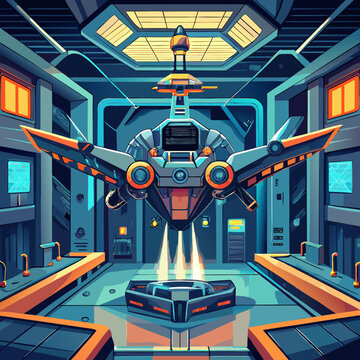 Advanced sci-fi spaceship hovering in docking bay with laboratory equipment and monitors sci fi spaceship spacecraft technology laboratory monitors equipment industrial thrusters transport