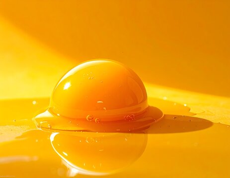 Glossy egg yolk close up with smooth liquid texture and vibrant yellow minimal background