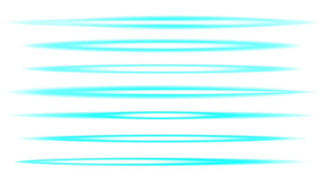 Set of isolated blue neon light streaks on transparent background. Vibrant glowing lines with motion blur for speed and futuristic effects. Collection of translucent digital speed trails for creative.