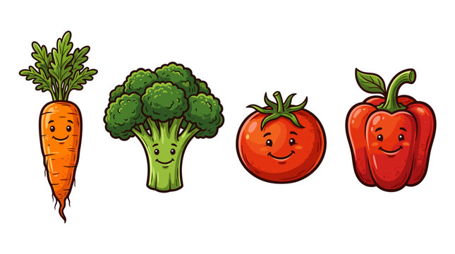 vector hand drawn cute kawaii vegetables set with smiling carrot broccoli tomato and red bell pepper