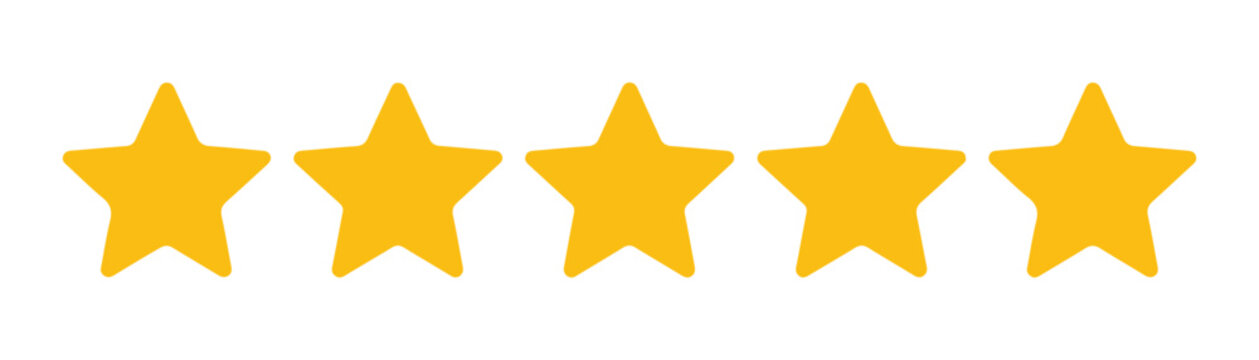 Five golden stars in row illustrating rating system representing customer satisfaction feedback and reviews.