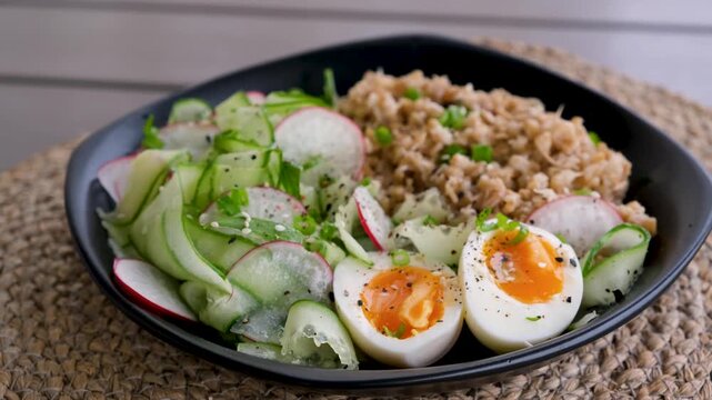 Rotating Healthy Breakfast Bowl with Soft Boiled Eggs