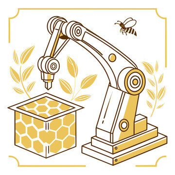 Robotic arm producing honeycomb isometric illustration with robotics honeycomb automation industry manufacturing technology mechanical industrial engineering production innovation automated