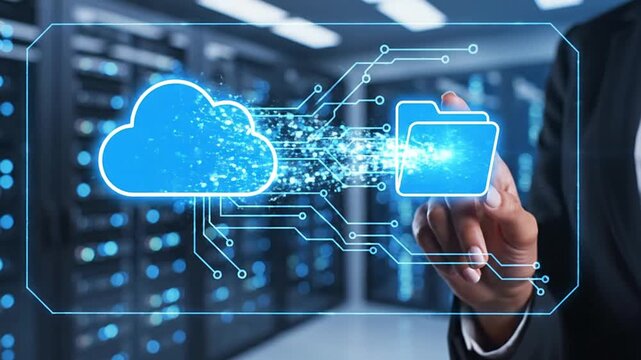 Professional managing cloud data storage and network infrastructure for secure digital transformation. Highlighting efficiency, accessibility, and scalability in modern business IT solutions.