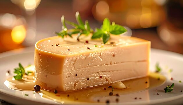 Close-up of a thick slice of smoked pork belly or baked fatback with rosemary and peppercorns on a dark glossy surface
