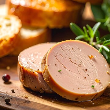 Close-up of a thick slice of smoked pork belly or baked fatback with rosemary and peppercorns on a dark glossy surface