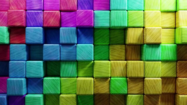 Abstract background with bright colorful wooden cubes. Movement in waves. 4K loop 3D animation