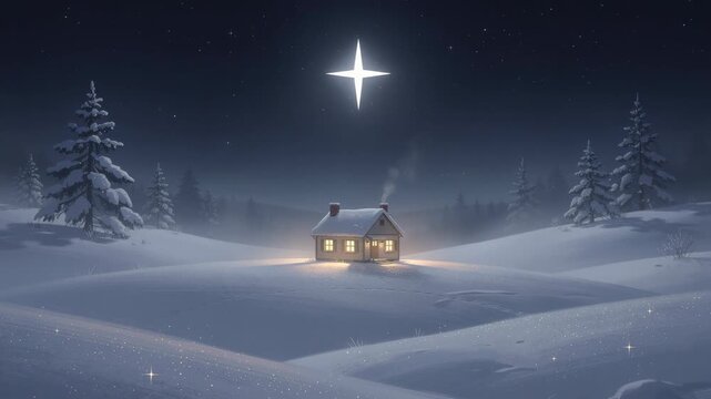 Cozy snow covered cabin glowing at night under bright star in winter snowy forest landscape