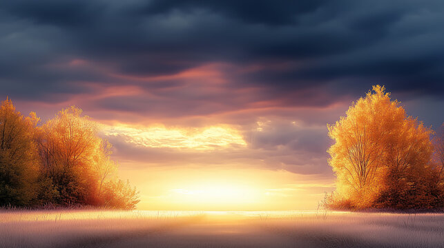 A dramatic sky at sunset over a tranquil landscape, with rich colors reflecting on the horizon, perfect for nature and atmospheric themes