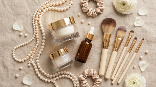 Luxury Beauty Flat Lay with Skincare and Makeup Products