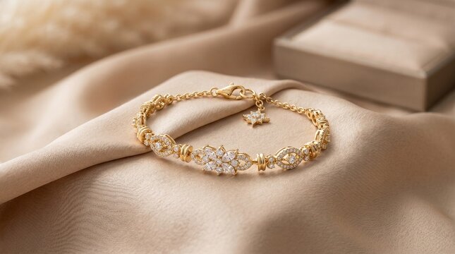 Luxury Gold Bracelet on Satin Fabric Background