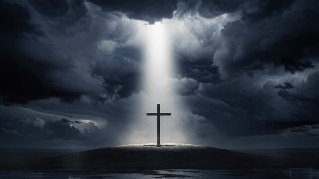 Dramatic dark stormy sky with a glowing cross illuminated by a divine light beam on a hilltop
