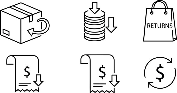 Ecommerce returns and refund icons set with package exchange receipt payment decrease and money cycle symbols outline vector illustration