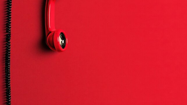 Red vintage telephone handset hanging against a vibrant red wall with a black coiled cord in a minimalist macro shot for communication marketing