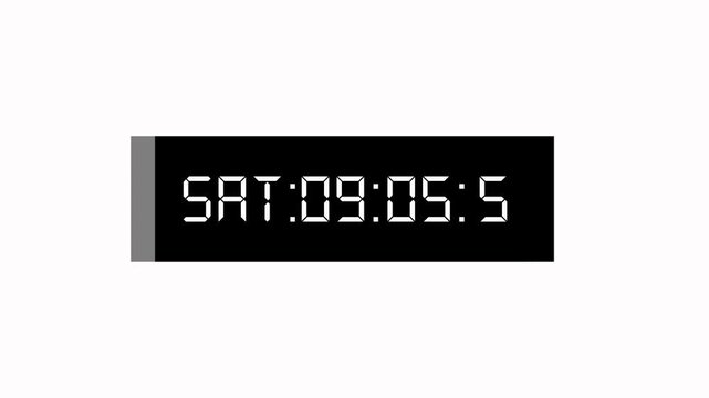 Digital clock animation with white digits. Digital clock displaying saturday morning. Digital clock technology interface graphic on black background for time.